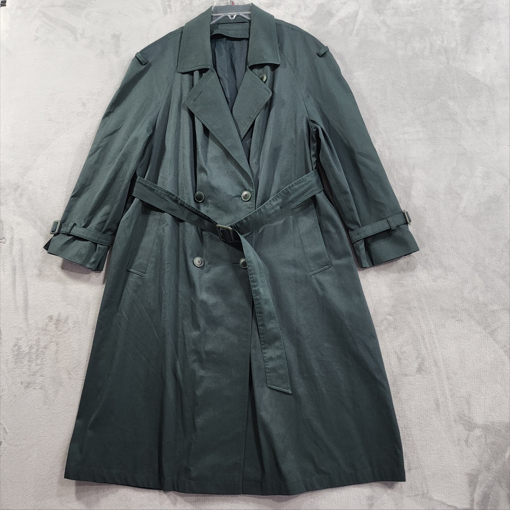 Vintage Trench Coat Women XL Green Belted Double Breasted Overcoat Dark Academia